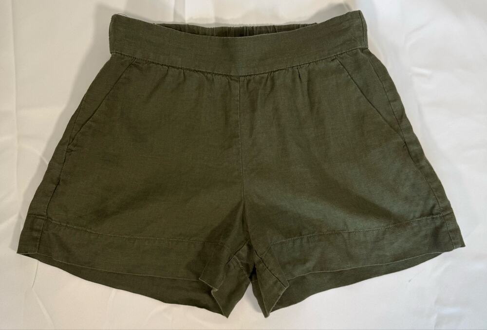 100% Linen Pull On Shorts Olive Green High Waist Pockets Women's 6 EUC